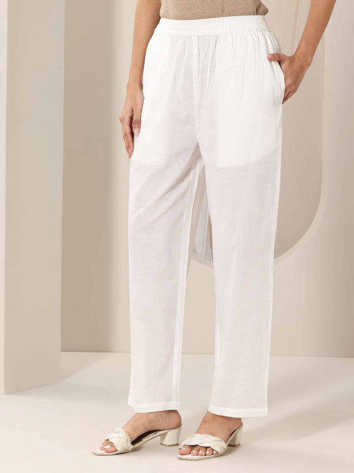 White Printed Cotton Straight Suit Set With Dupatta