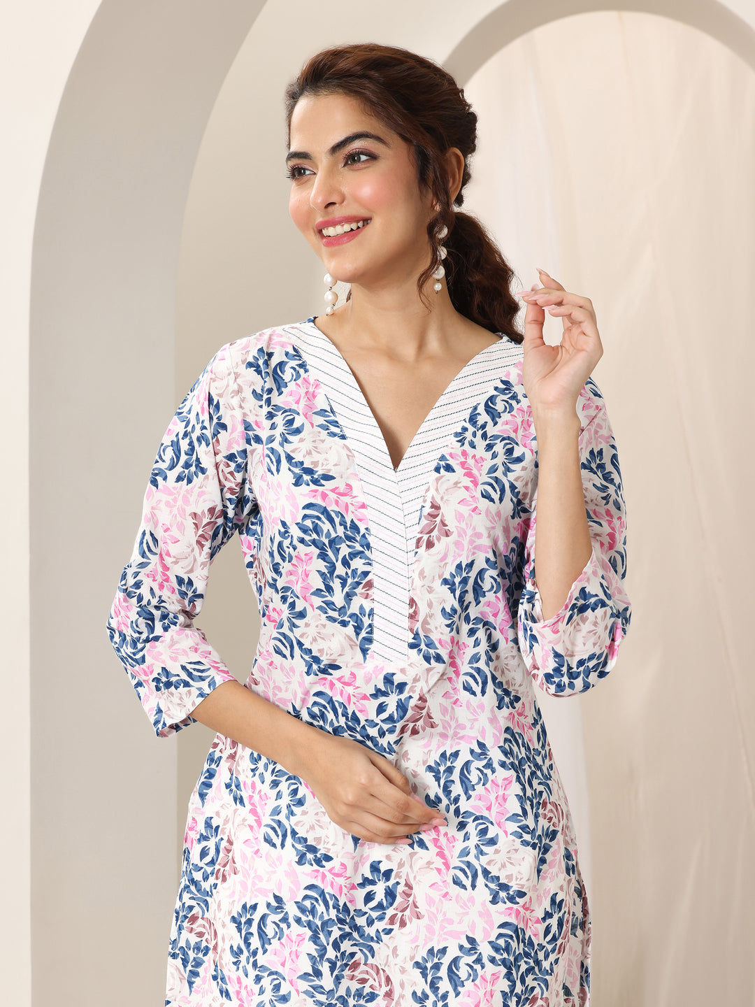 White Printed Cotton Straight Suit Set With Dupatta