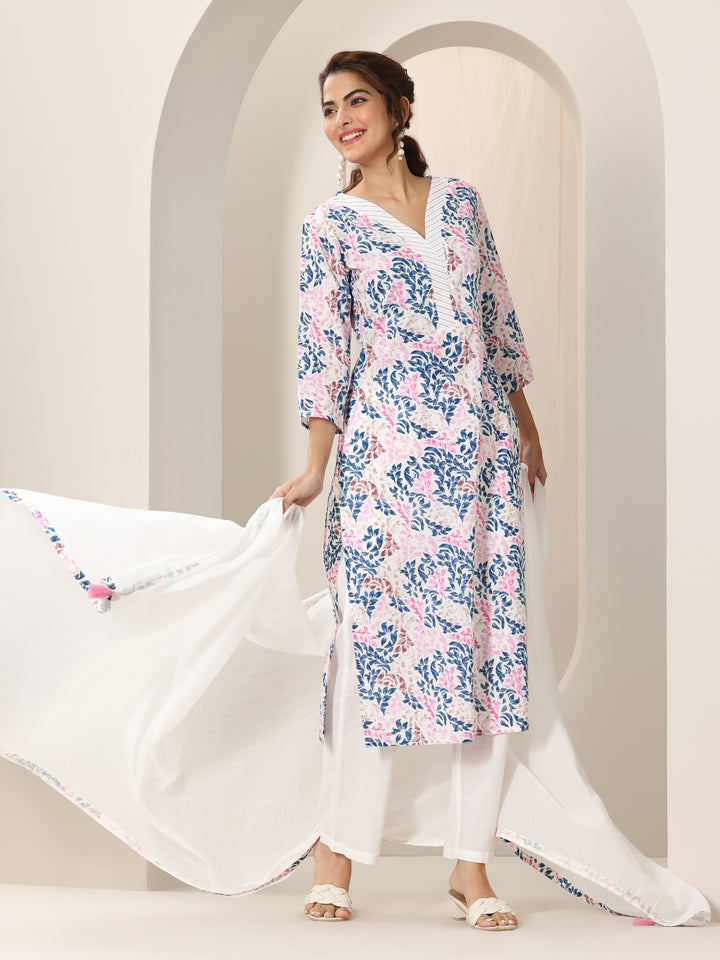White Printed Cotton Straight Suit Set With Dupatta