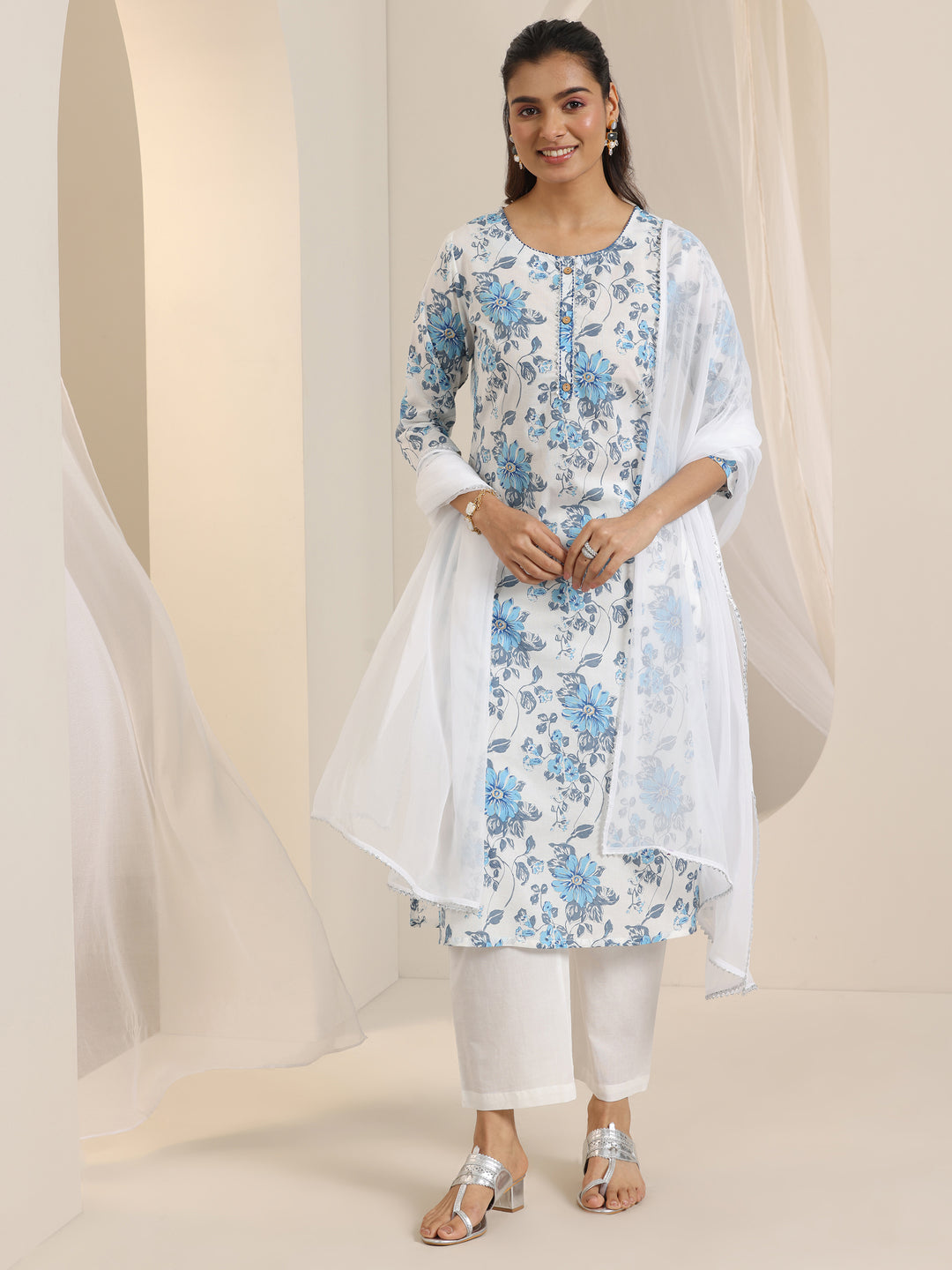 White Printed Cotton Straight Suit Set With Dupatta