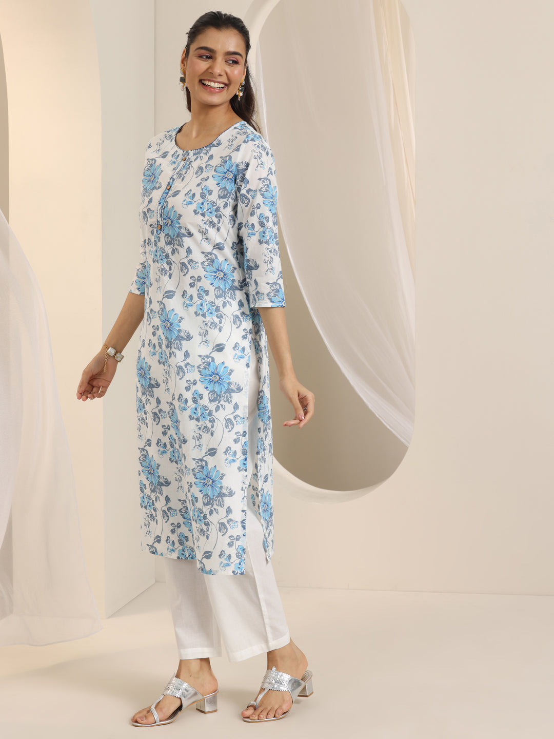 White Printed Cotton Straight Suit Set With Dupatta