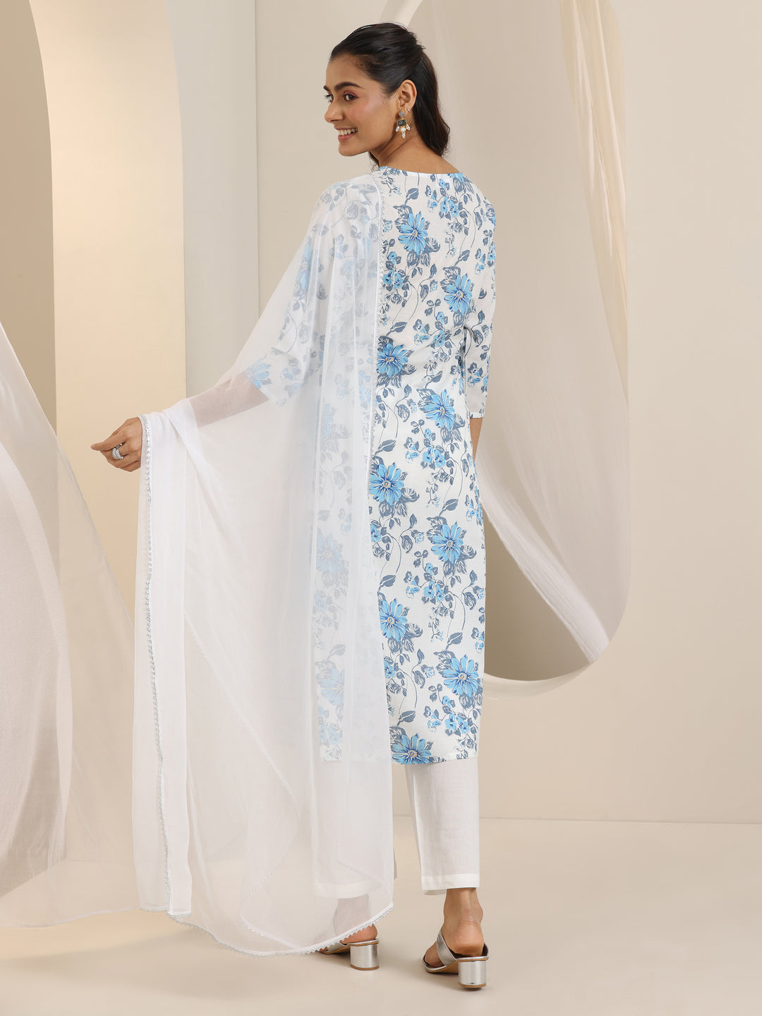 White Printed Cotton Straight Suit Set With Dupatta