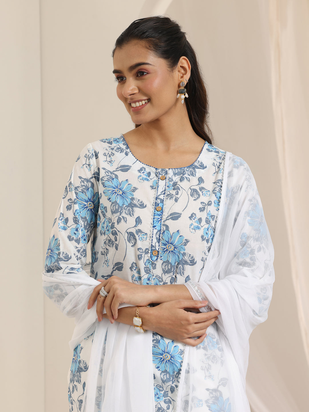 White Printed Cotton Straight Suit Set With Dupatta