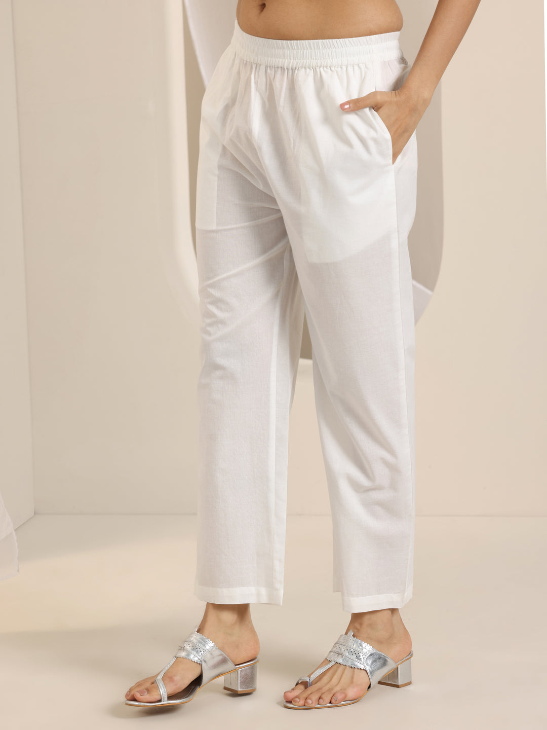 White Printed Cotton Straight Suit Set With Dupatta