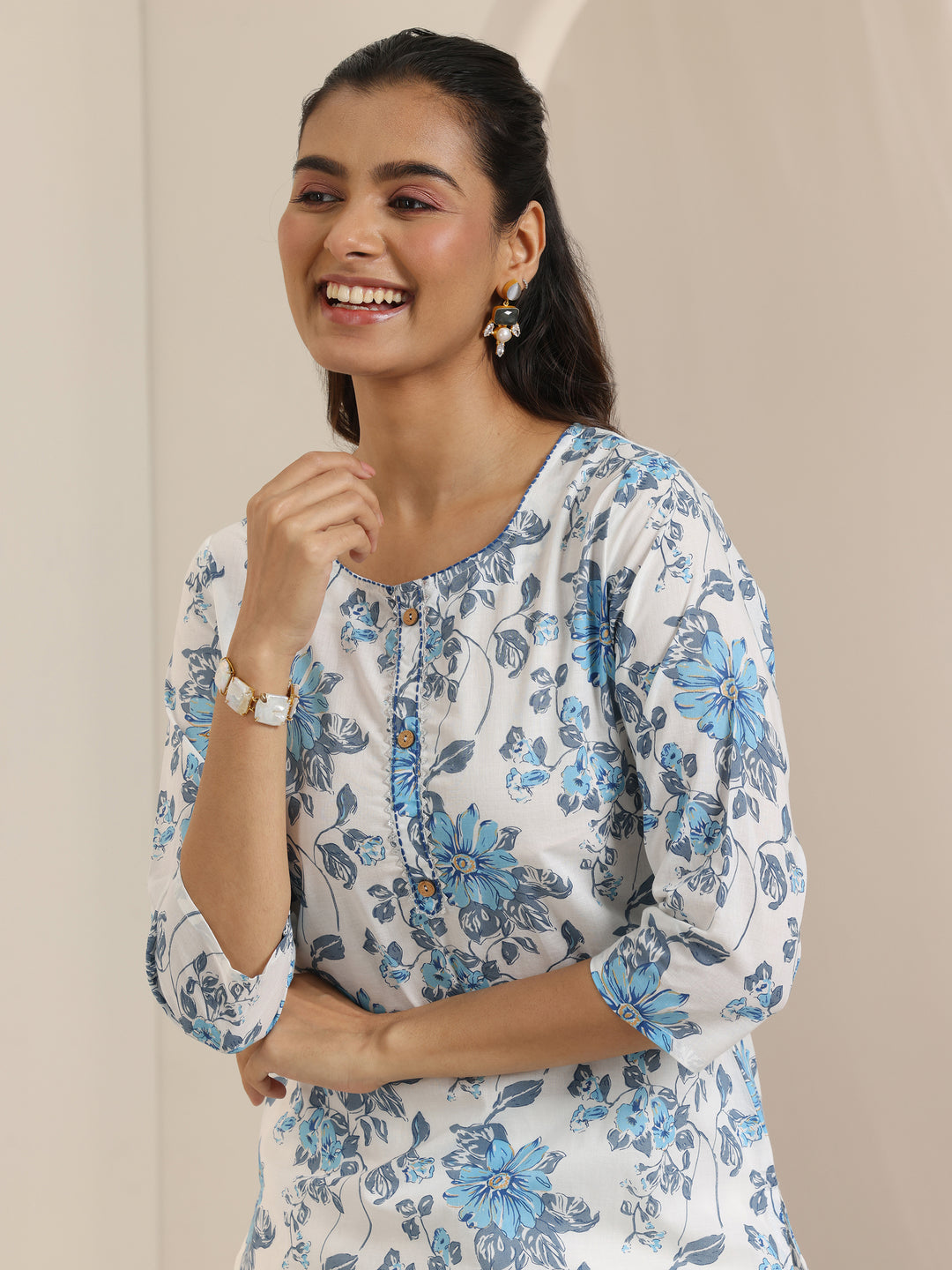 White Printed Cotton Straight Suit Set With Dupatta