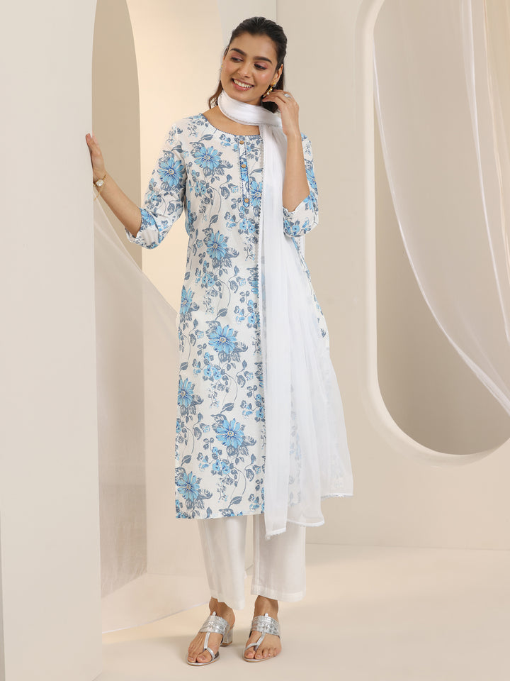 White Printed Cotton Straight Suit Set With Dupatta