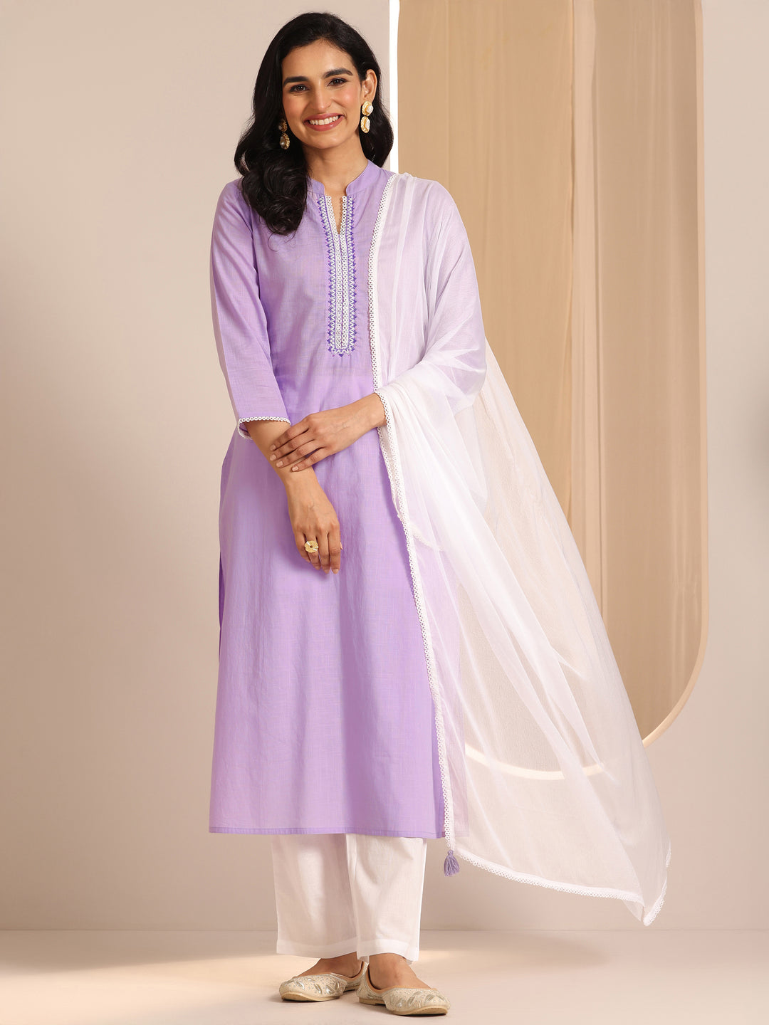 Lavender Yoke Design Cotton Straight Suit Set With Dupatta