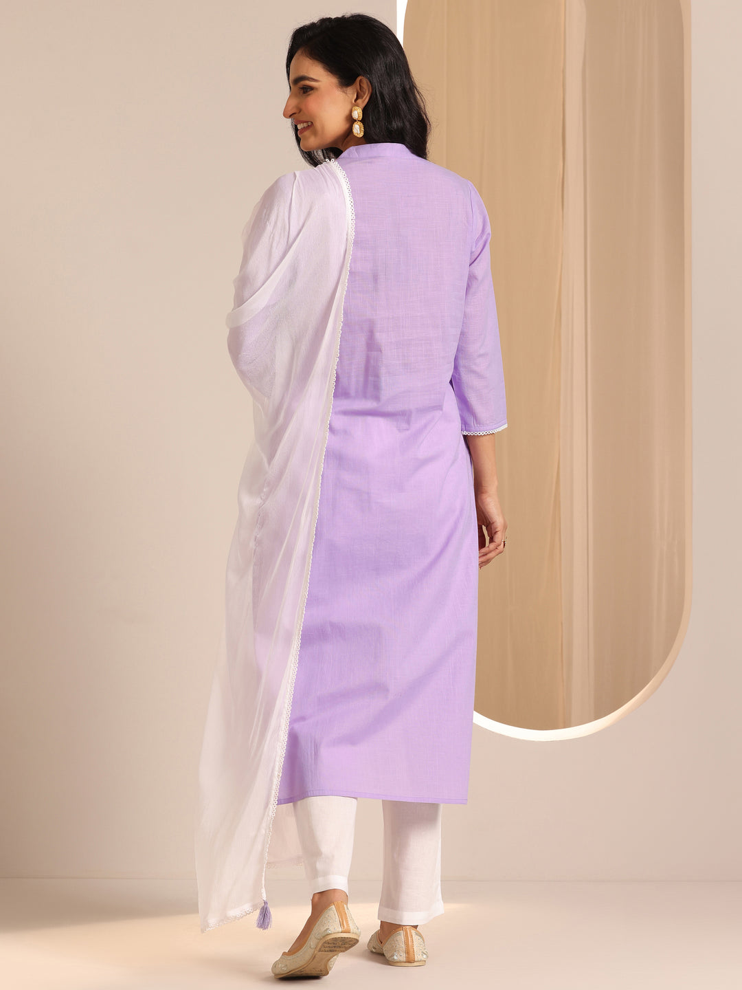 Lavender Yoke Design Cotton Straight Suit Set With Dupatta