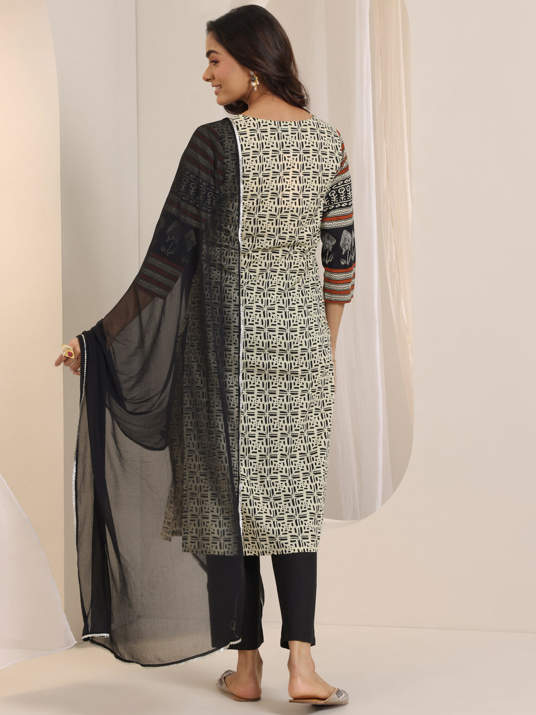 Beige Printed Cotton Straight Suit Set With Dupatta