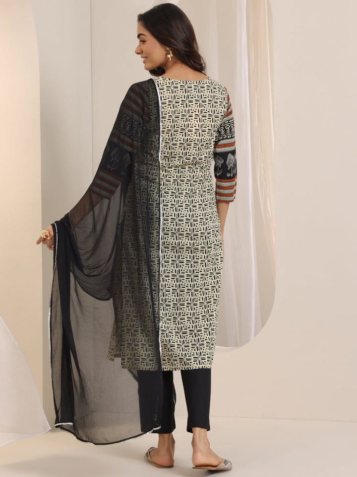 Beige Printed Cotton Straight Suit Set With Dupatta
