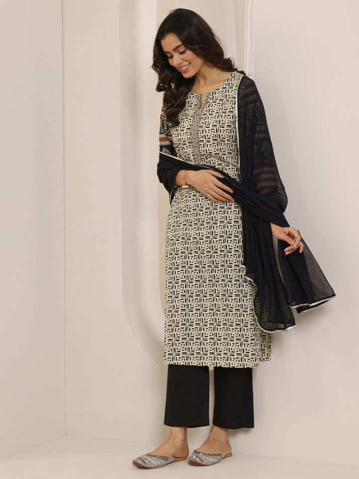 Beige Printed Cotton Straight Suit Set With Dupatta
