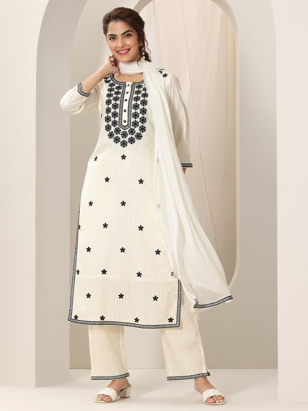 Off White Embroidered Cotton Straight Suit Set With Dupatta