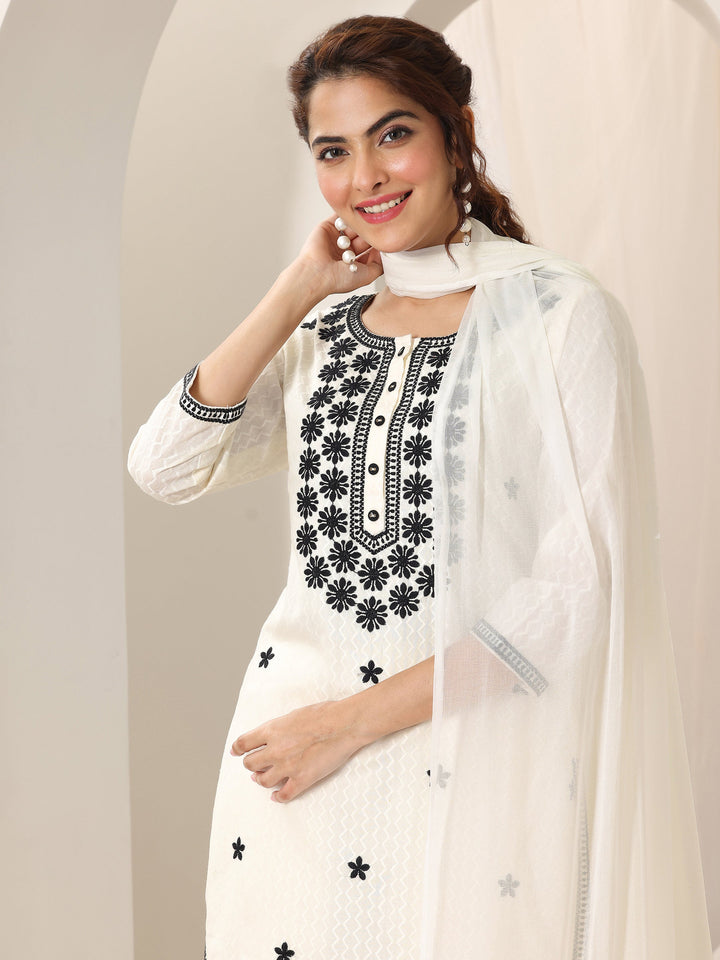 Off White Embroidered Cotton Straight Suit Set With Dupatta
