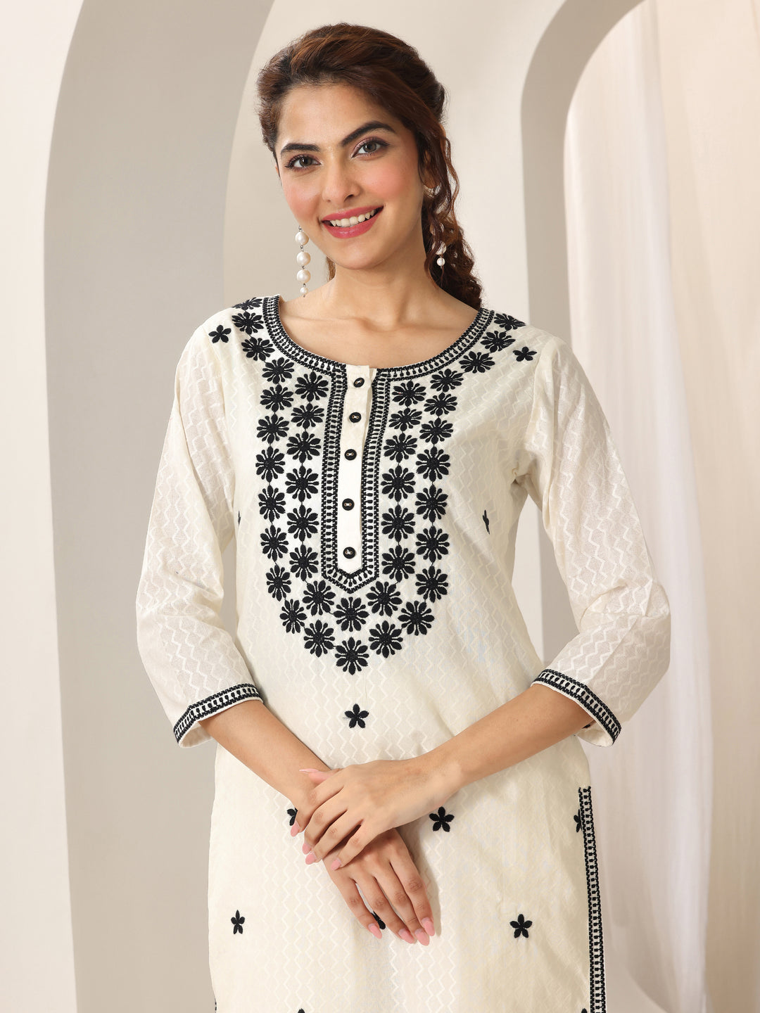 Off White Embroidered Cotton Straight Suit Set With Dupatta