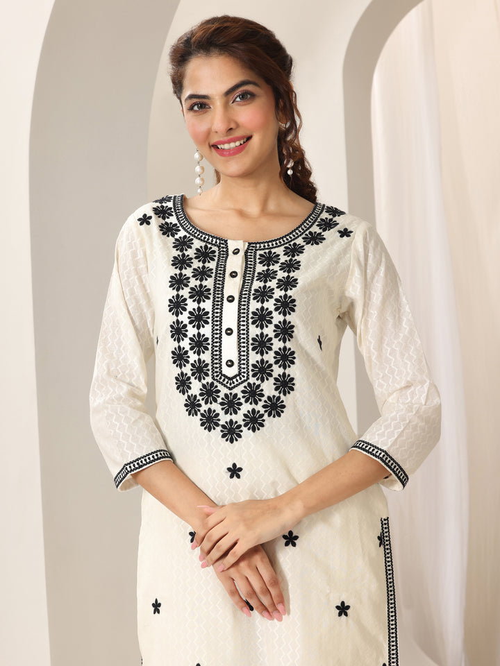 Off White Embroidered Cotton Straight Suit Set With Dupatta