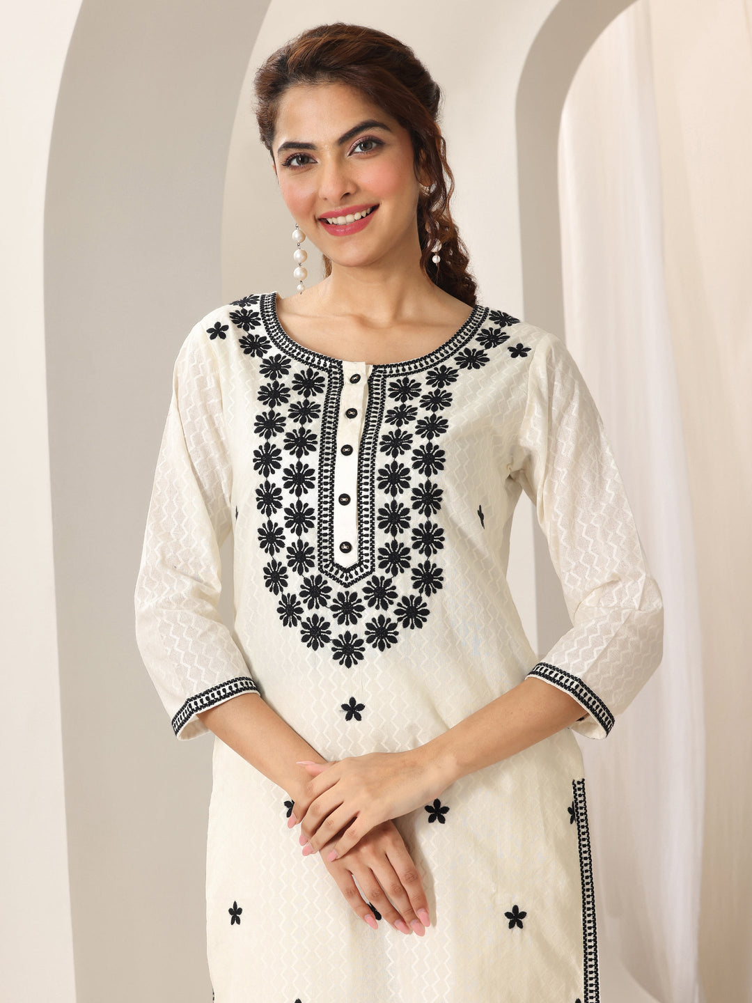 Off White Embroidered Cotton Straight Suit Set With Dupatta