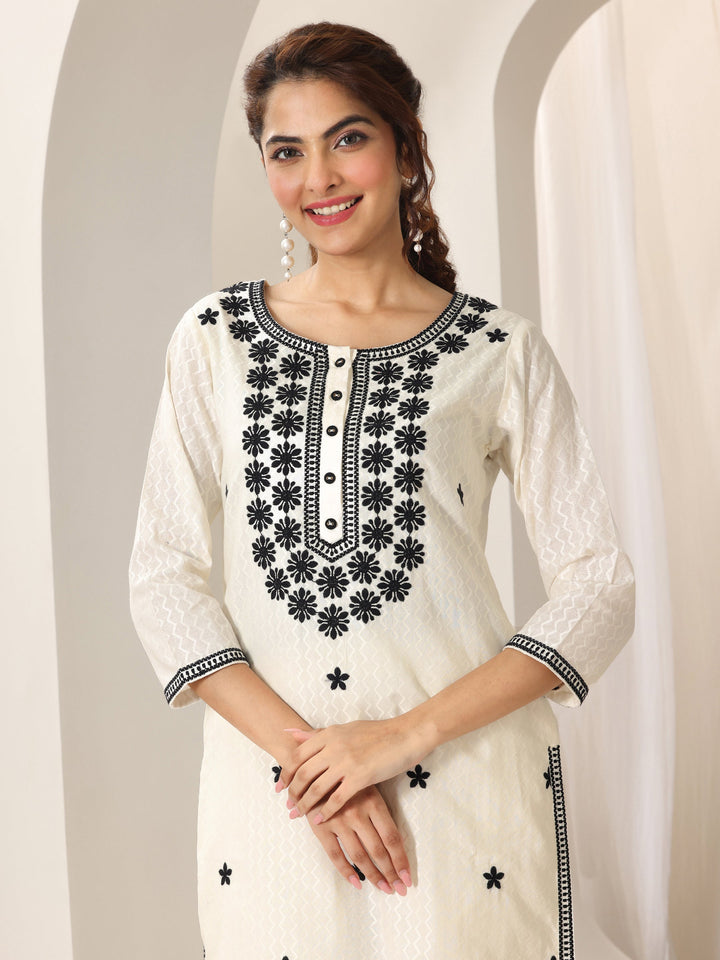 Off White Embroidered Cotton Straight Suit Set With Dupatta