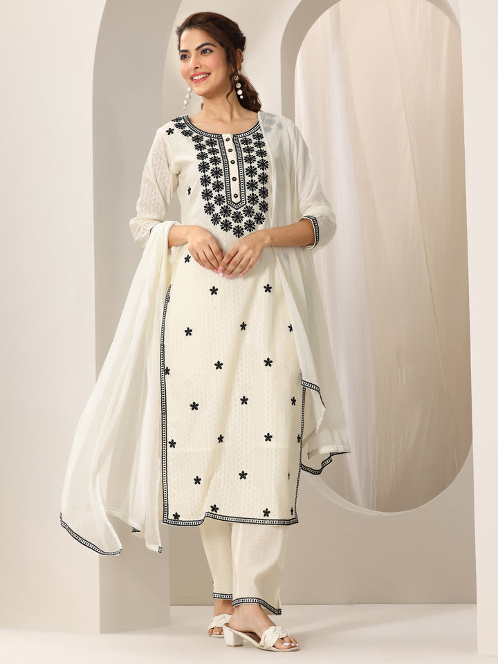 Off White Embroidered Cotton Straight Suit Set With Dupatta