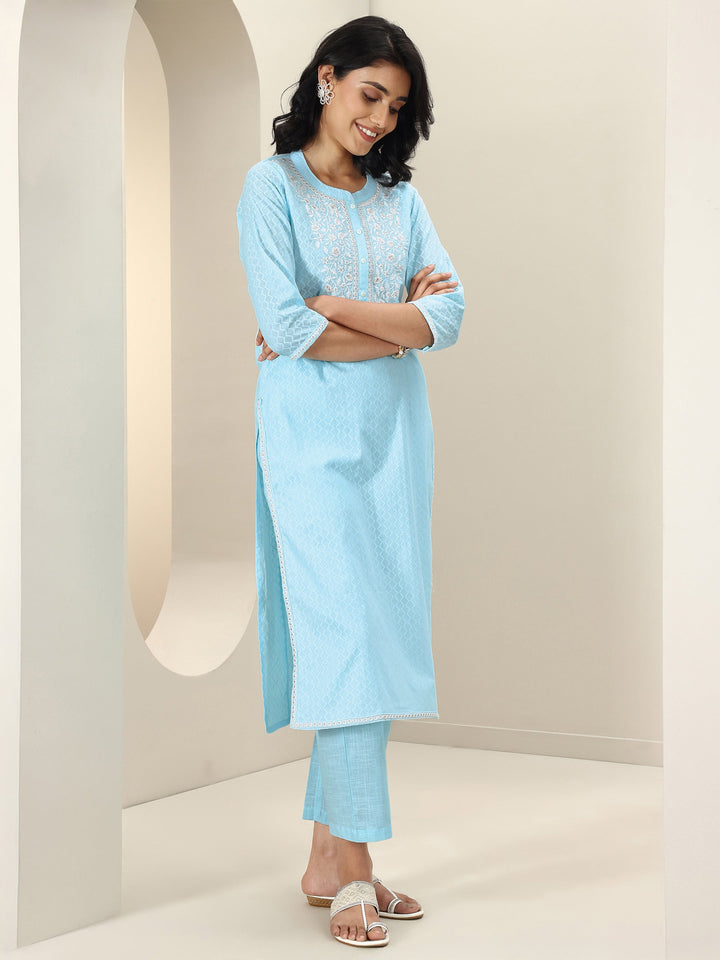 Blue Embroidered Cotton Straight Suit Sets With Dupatta