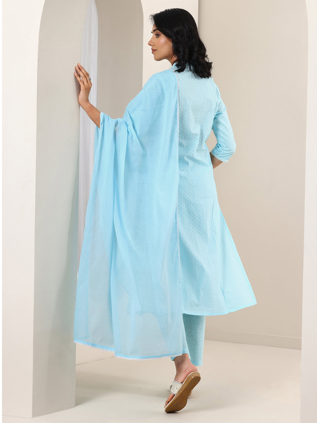 Blue Embroidered Cotton Straight Suit Sets With Dupatta