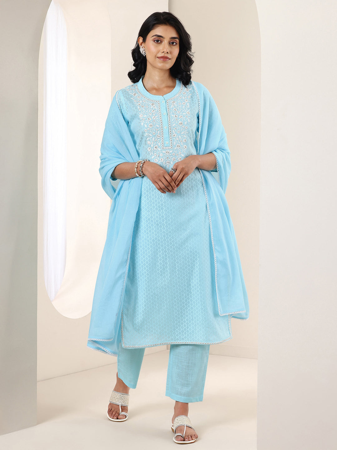 Blue Embroidered Cotton Straight Suit Sets With Dupatta