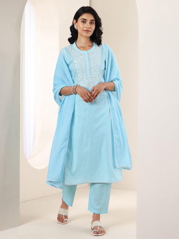 Blue Embroidered Cotton Straight Suit Sets With Dupatta
