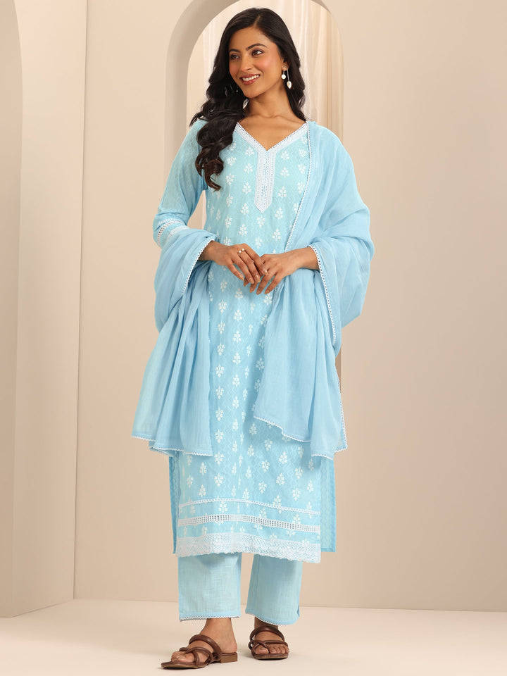 Blue Embroidered Cotton Straight Suit Set With Dupatta