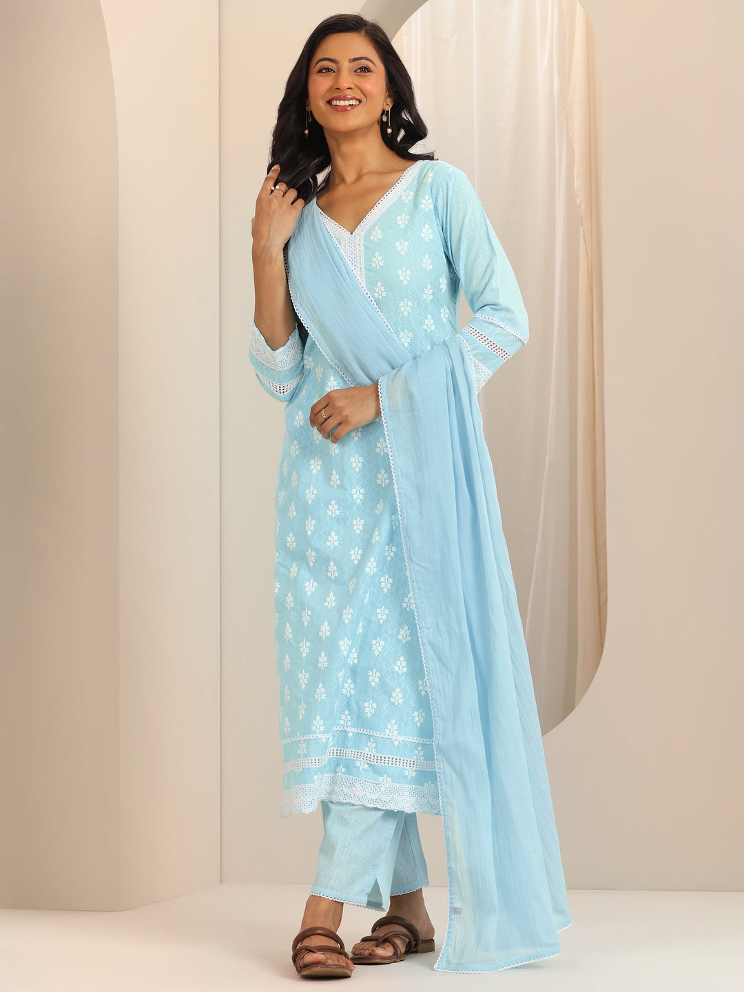 Blue Embroidered Cotton Straight Suit Set With Dupatta