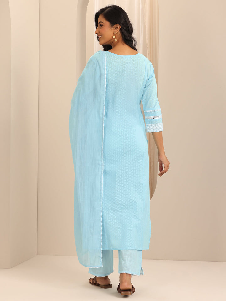 Blue Embroidered Cotton Straight Suit Set With Dupatta