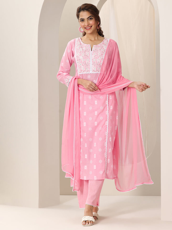 Pink Embroidered Cotton Straight Suit Set With Dupatta