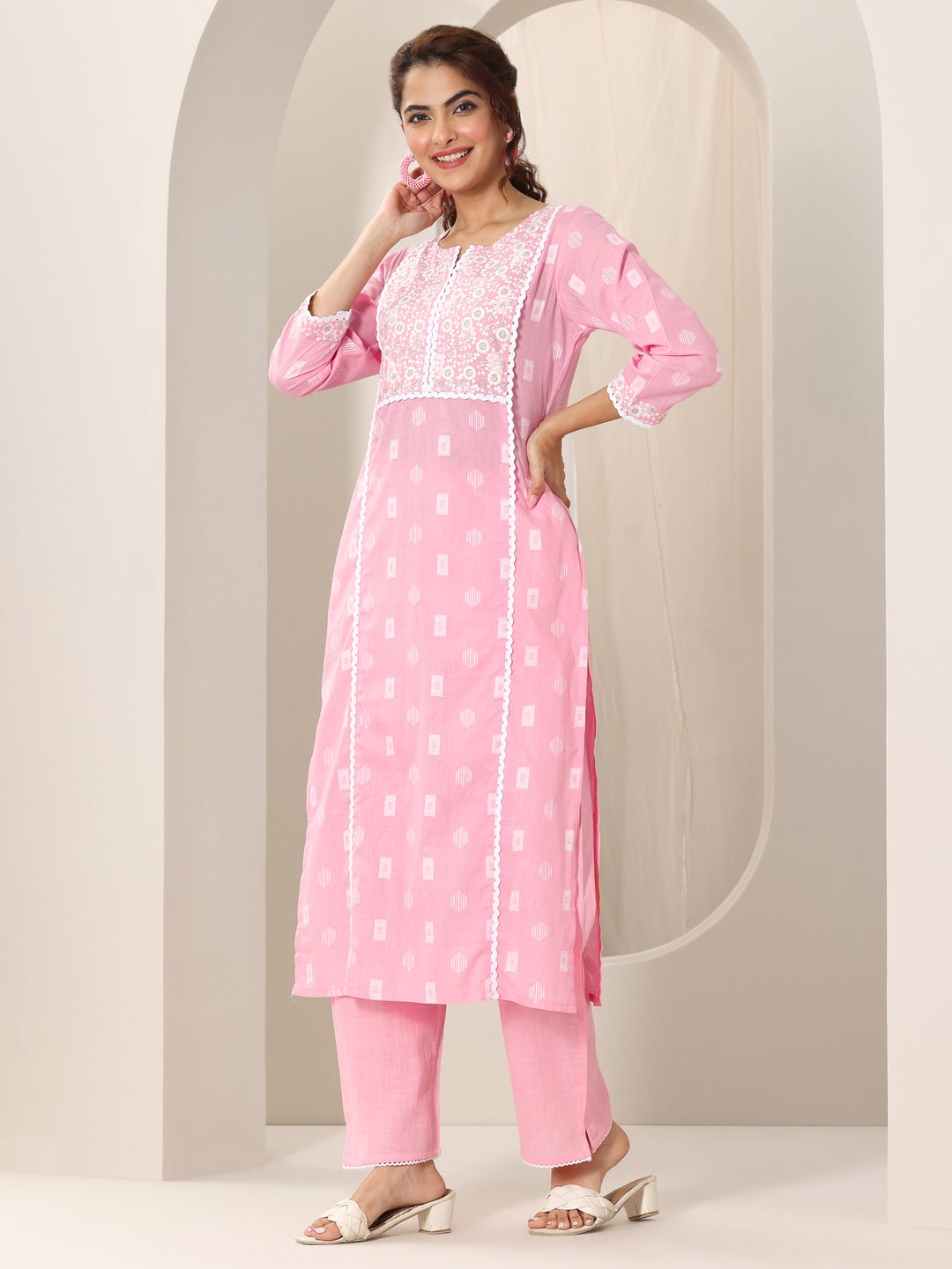 Pink Embroidered Cotton Straight Suit Set With Dupatta