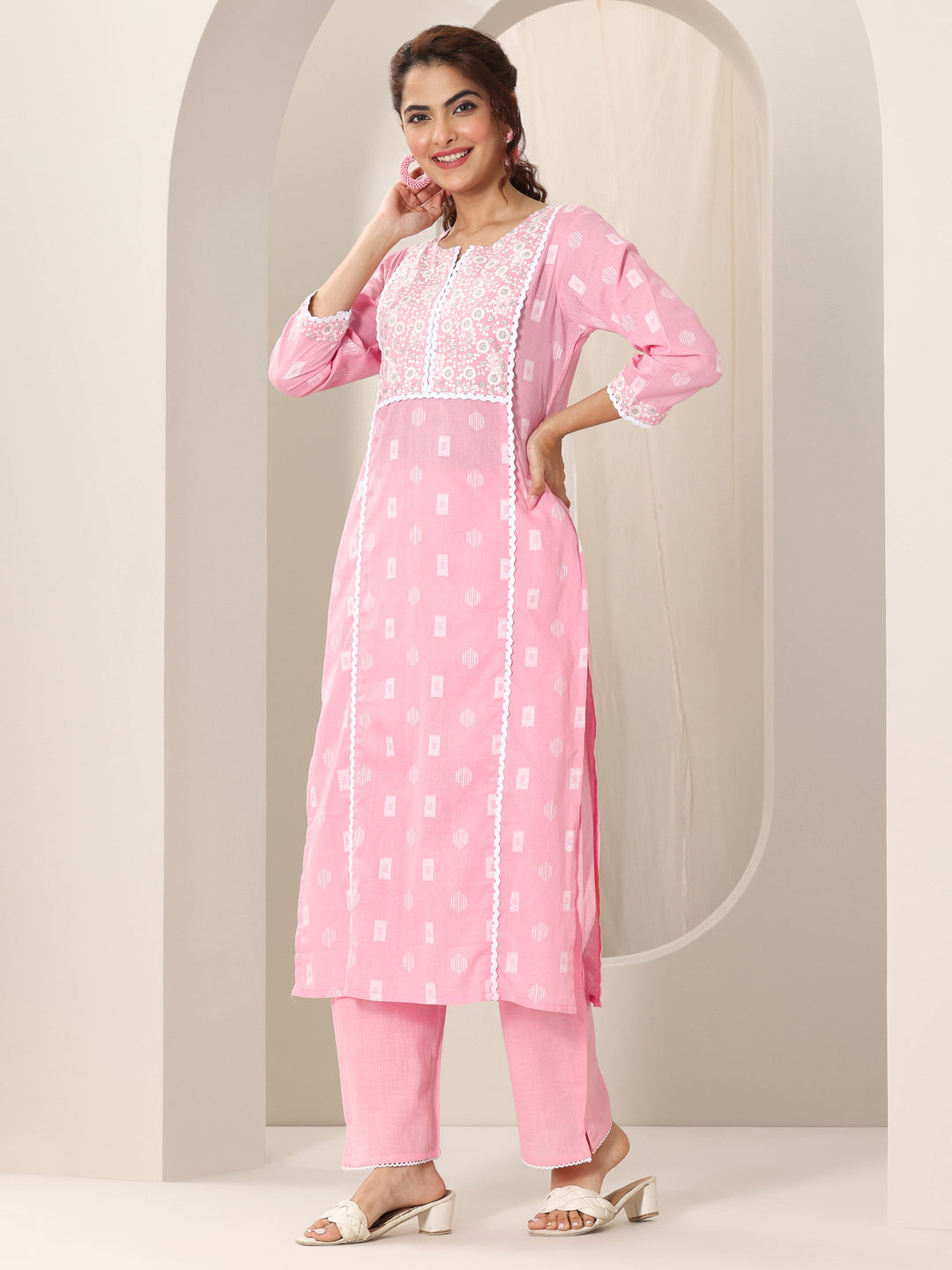 Pink Embroidered Cotton Straight Suit Set With Dupatta