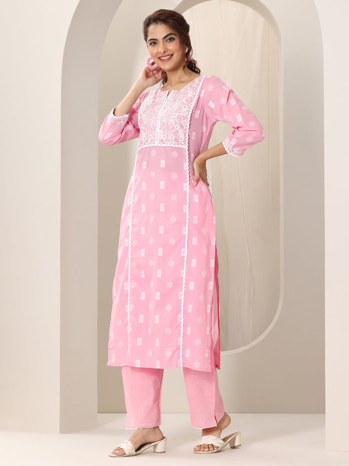 Pink Embroidered Cotton Straight Suit Set With Dupatta