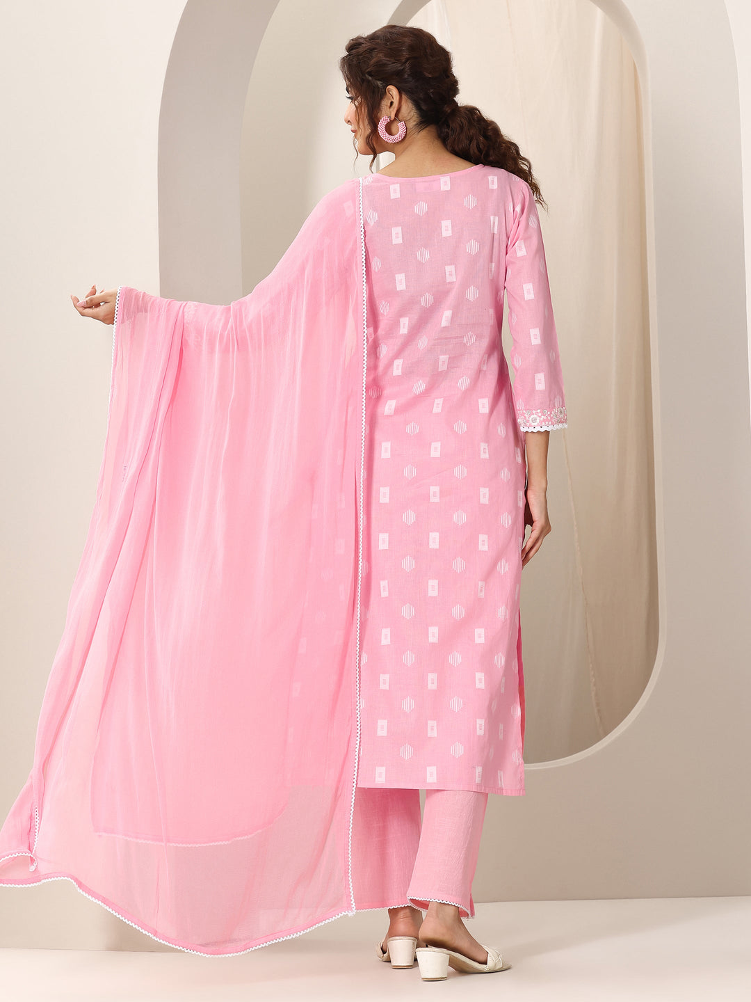 Pink Embroidered Cotton Straight Suit Set With Dupatta