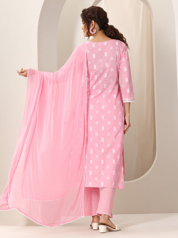 Pink Embroidered Cotton Straight Suit Set With Dupatta