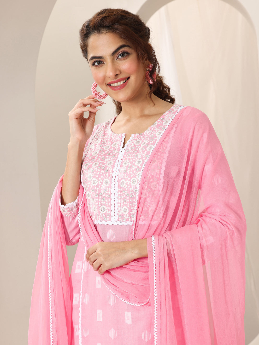 Pink Embroidered Cotton Straight Suit Set With Dupatta