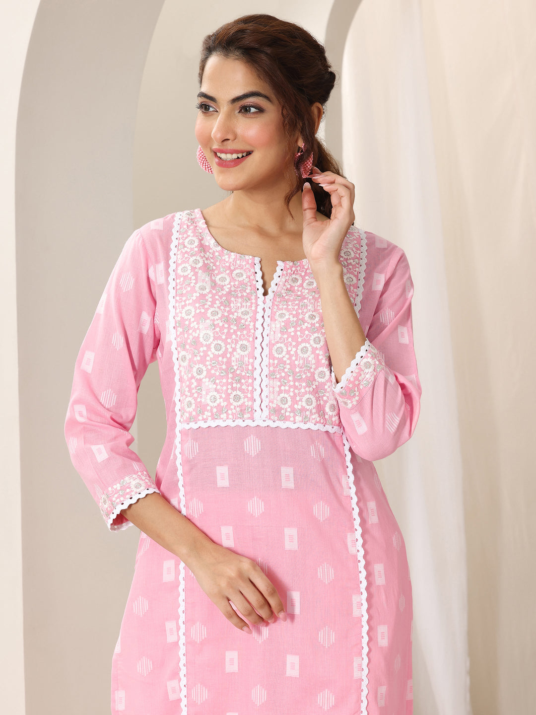 Pink Embroidered Cotton Straight Suit Set With Dupatta