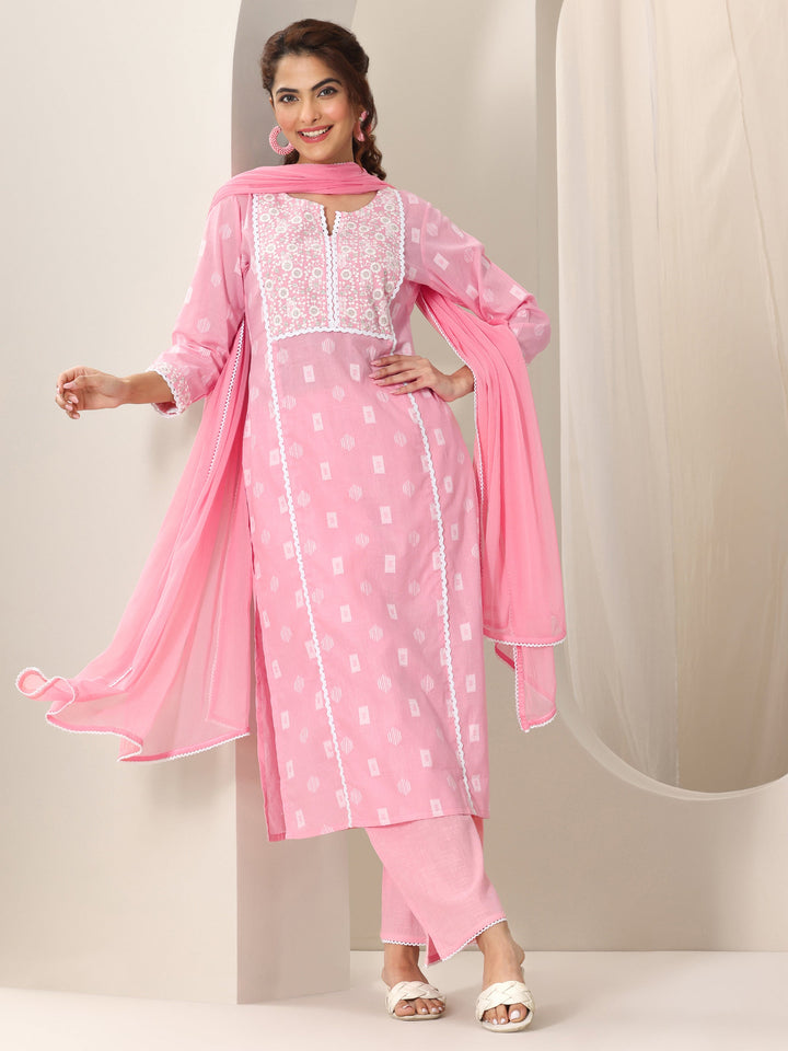 Pink Embroidered Cotton Straight Suit Set With Dupatta