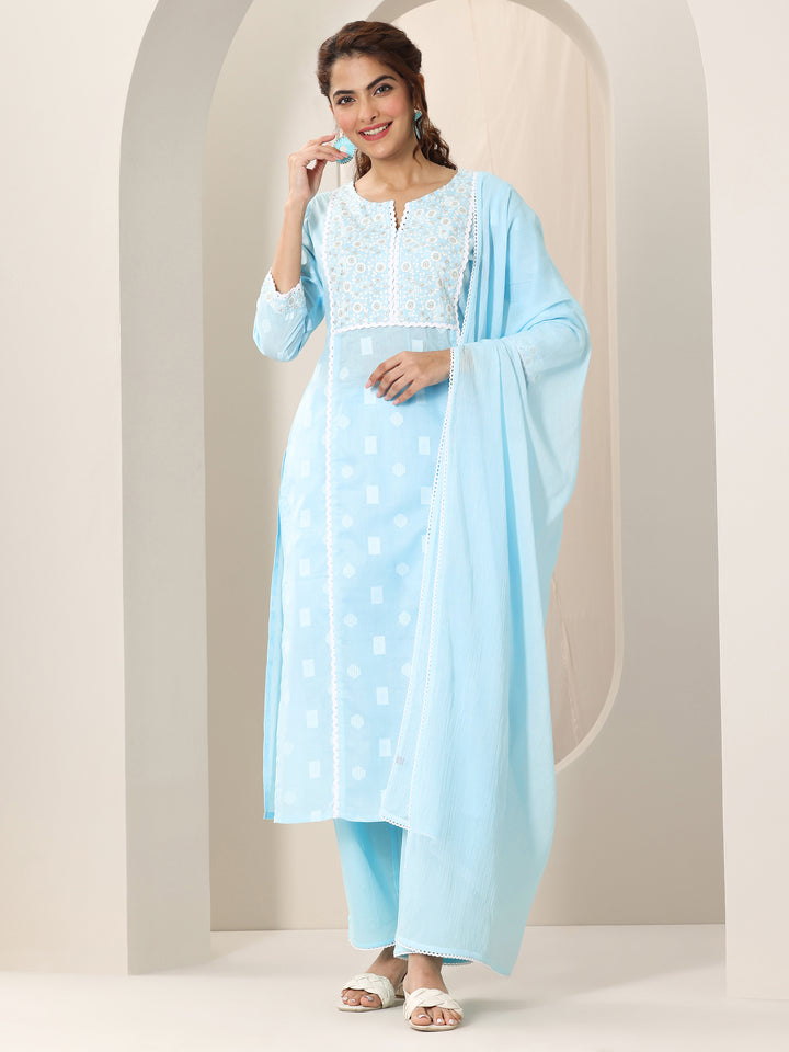 Blue Embroidered Cotton Straight Suit Set With Dupatta