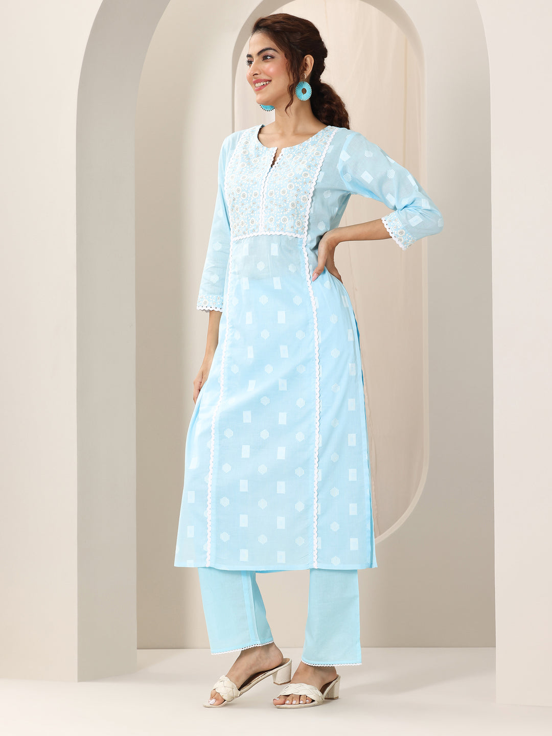 Blue Embroidered Cotton Straight Suit Set With Dupatta