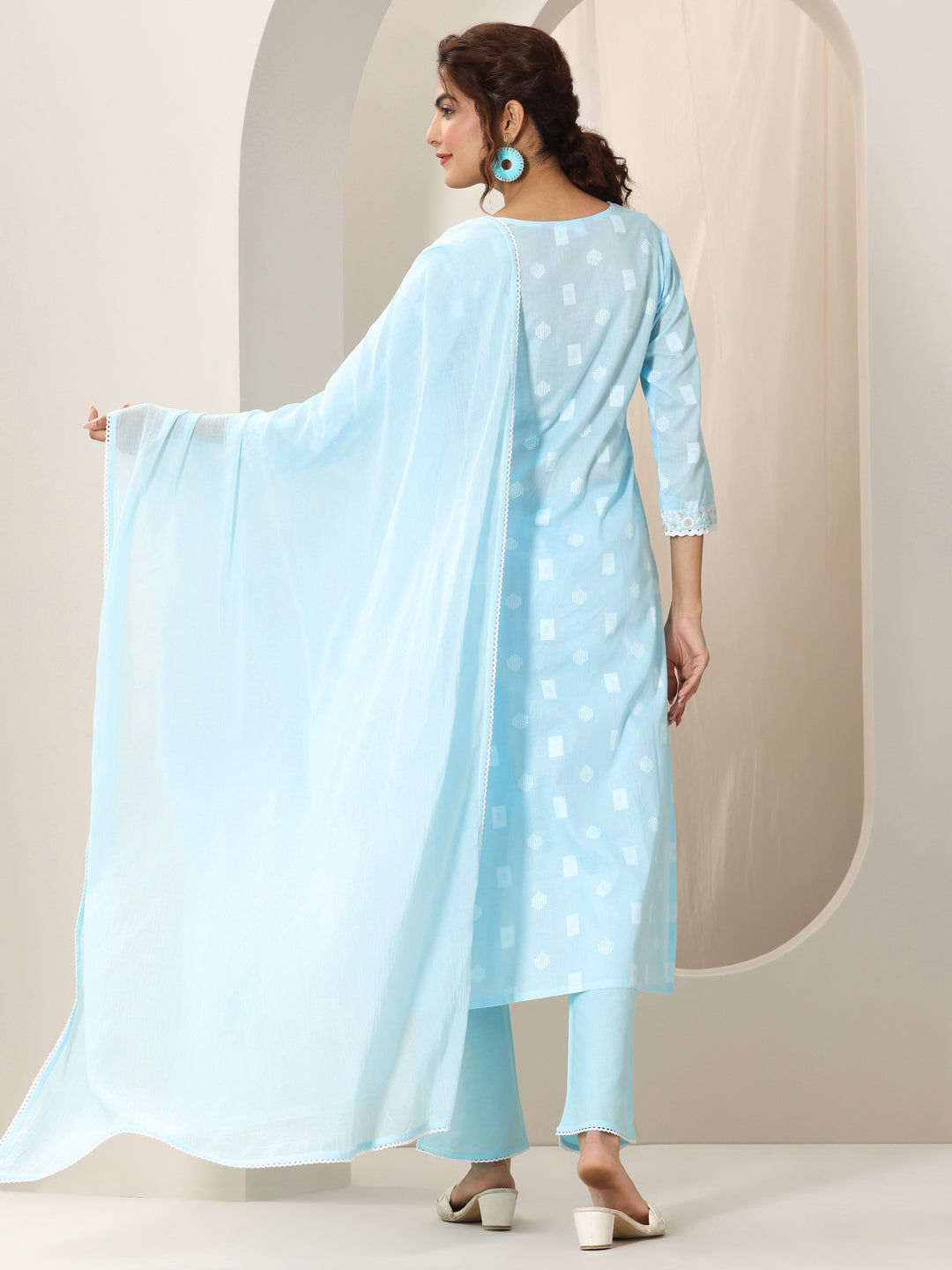 Blue Embroidered Cotton Straight Suit Set With Dupatta