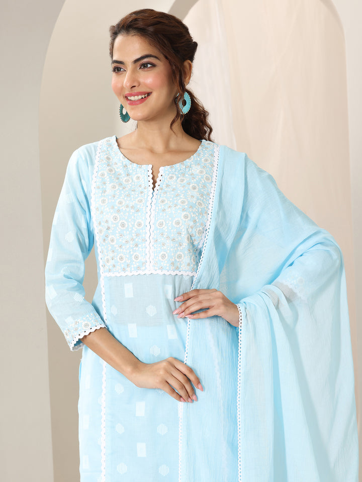 Blue Embroidered Cotton Straight Suit Set With Dupatta
