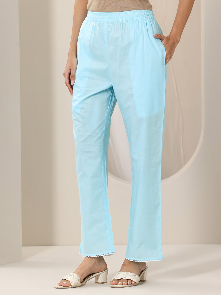 Blue Embroidered Cotton Straight Suit Set With Dupatta