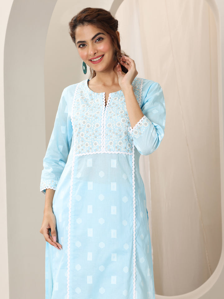 Blue Embroidered Cotton Straight Suit Set With Dupatta