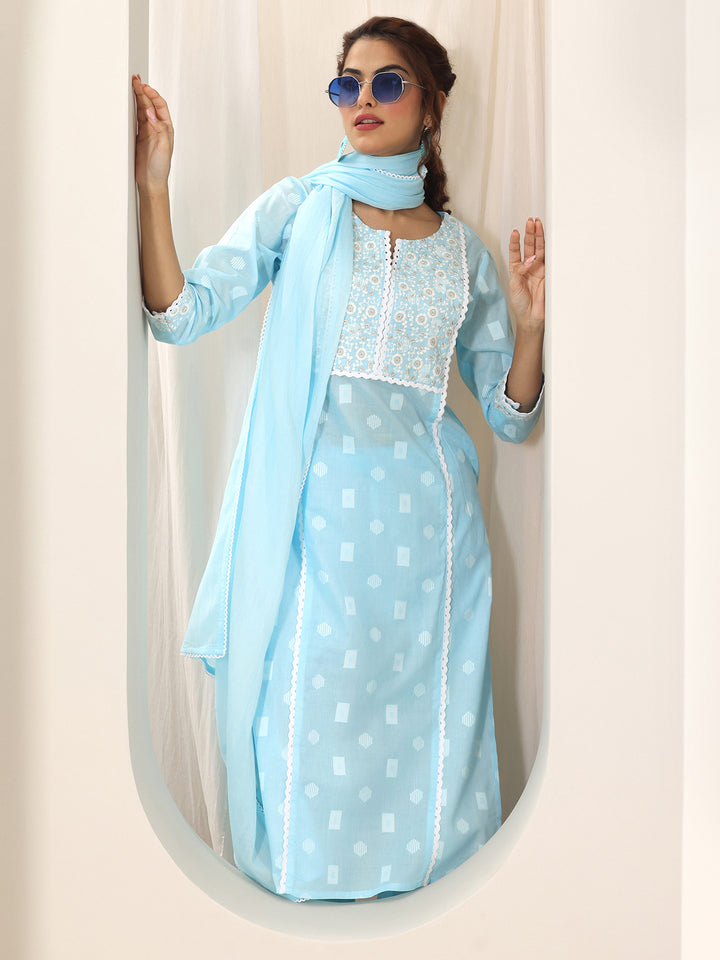 Blue Embroidered Cotton Straight Suit Set With Dupatta