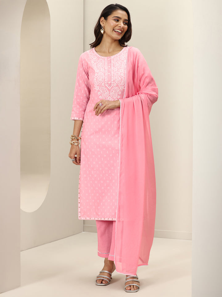 Pink Embroidered Cotton Straight Suit Sets With Dupatta