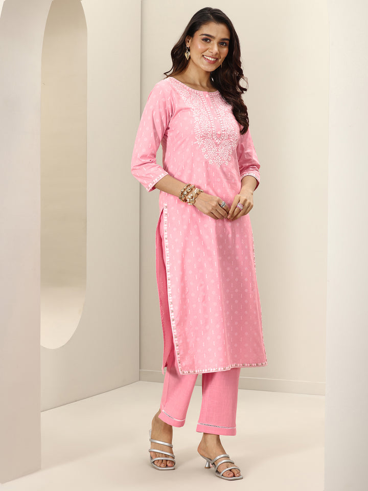 Pink Embroidered Cotton Straight Suit Sets With Dupatta