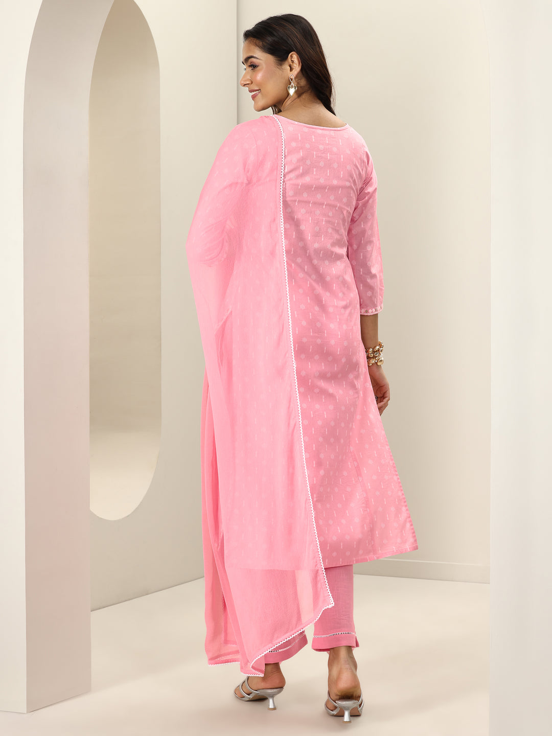 Pink Embroidered Cotton Straight Suit Sets With Dupatta
