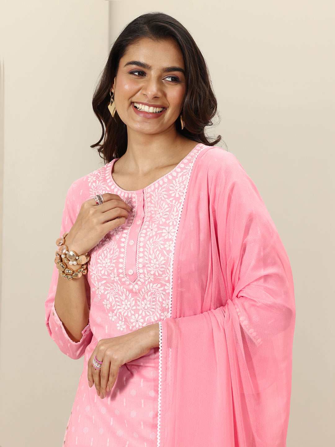 Pink Embroidered Cotton Straight Suit Sets With Dupatta