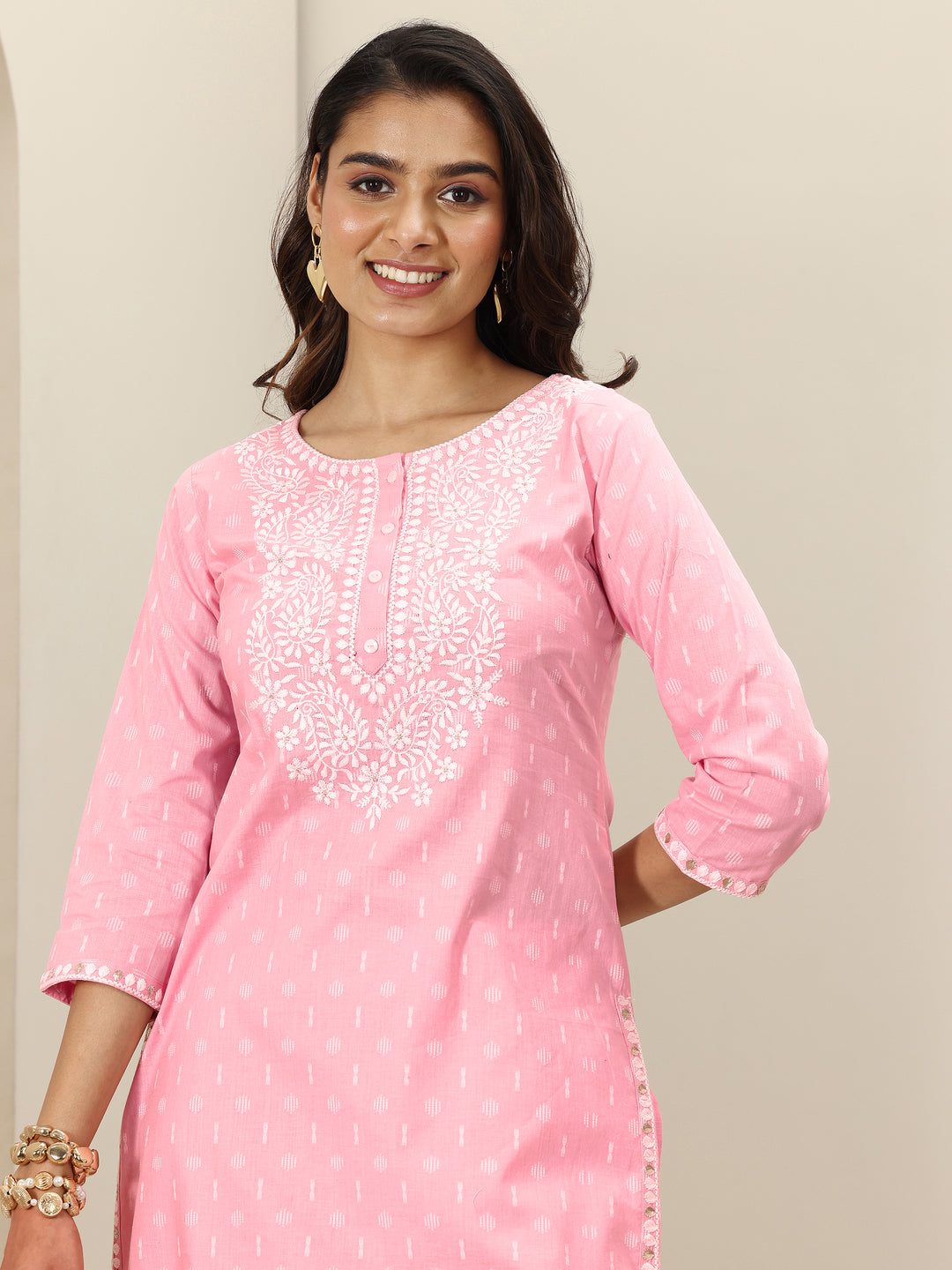Pink Embroidered Cotton Straight Suit Sets With Dupatta